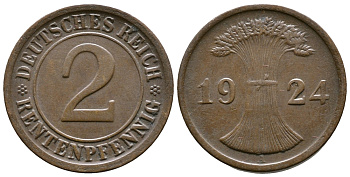 ГЕРМАНИЯ 2 РЕНТЕНПФЕННИГА 1924 A KM 31, J.307 бронза 86-1116