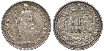 ШВЕЙЦАРИЯ 1/2 ФРАНКА 1952 KM 23 серебро 4178-312