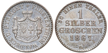 Вальдек 1 грош 1867 B, Георг Виктор (1845-1893) KM 173 серебро  UNC  1531-1321