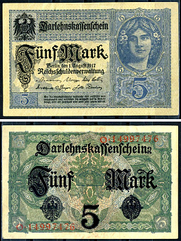 Германия 5 марок 1917 8 значный номер Pick 56 a бумага 8595-19-2-1