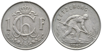 ЛЮКСЕМБУРГ 1 ФРАНК 1955 СТАЛЕВАР KM 46.2 медно-никель 53-1157