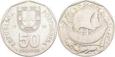 Португалия 50 эскудо 1987 парусник KM 636 медно-никель 4512-834