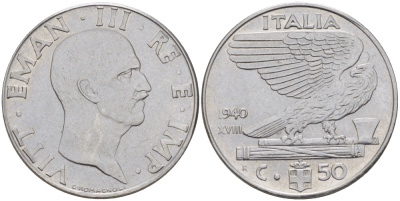 ИТАЛИЯ 50 ЧЕНТЕЗИМО 1940 ВИКТОР ИМАНУИЛ III, НЕ МАГНИТНАЯ KM 76b нержавеющая сталь 31-1046