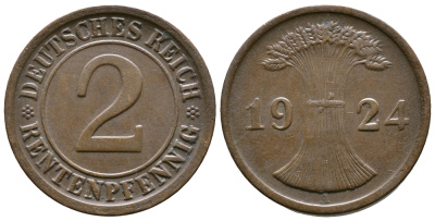 ГЕРМАНИЯ 2 РЕНТЕНПФЕННИГА 1924 A KM 31, J.307 бронза 86-1116