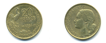 ФРАНЦИЯ 20 ФРАНКОВ 1951 B, ПЕТУХ, 4 ПЕРА KM 917.2, LE FRANC 402.8 алюминиевая бронза 83-331