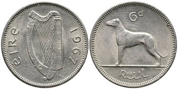 ИРЛАНДИЯ 6 ПЕНСОВ 1967 ИРЛАНДСКИЙ ВОЛКОДАВ KM 13а медно-никель 4525-1142