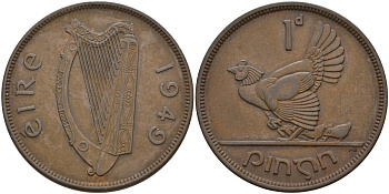 Ирландия 1 пенни 1949 курица с цыплятами KM 11 бронза 4144-1144