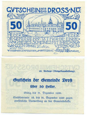 Австрия, Дрос 50 геллеров 1920 16-31 декабря 1920, нотгельд, коммуна в земле Нижняя Австрия   бумага  UNC (пресс) 7221-16-3-2