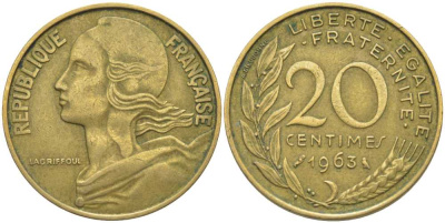 ФРАНЦИЯ 20 САНТИМОВ 1963 ТИП MARIANNE KM 930, LE FRANC 156.3 медь алюминий никель 175-756