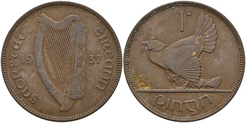 Ирландия 1 пенни 1937 курица с цыплятами KM 3 бронза 4144-1134
