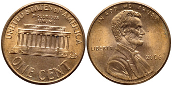 США 1 ЦЕНТ 2006 ЛИНКОЛЬН KM 201b цинк плакированный медью 4396-512