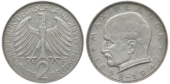 ФРГ 2 марки 1962 G , Макс Планк KM 116, J. 392 медно-никель плакированный никелем 72-321