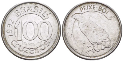 БРАЗИЛИЯ 100 КРУЗЕЙРО 1992 РЕФОРМА 1990-1993, ЛАМАНТИН KM 623 нержавеющая сталь 4387-915