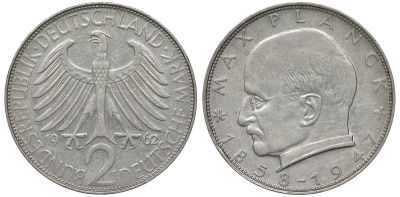 ФРГ 2 марки 1962 G , Макс Планк KM 116, J. 392 медно-никель плакированный никелем 4681-721