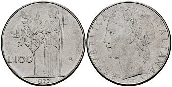Италия 100 лир 1977 R, Афина у оливкого дерева KM 96.1 нержавеющая сталь 4137-233
