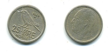 Норвегия 25 эре 1964 Улаф V (1958-1991), синица KM 407 медно-никель 4364-946