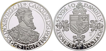 НИДЕРЛАНДЫ МЕДАЛЬ ND КАРЛ ИСПАНСКИЙ, ГЕРЦОГ БУРГУНДСКИЙ, СВЯЩЕННАЯ РИМСКАЯ ИПЕРИЯ, ИСПАНСКИЕ НИДЕРЛАНДЫ КАРОЛУСГУЛЬДЕН 1550, ДИАМЕТР 45 ММ., ВЕС 31,33 ГР. серебро PROOF 01-148-34