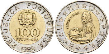 Португалия 100 эскудо 1989 Педру Нуниш (1502-1578), математик KM 645.1 биметалл  UNC  4161-855