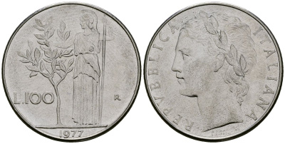 Италия 100 лир 1977 R, Афина у оливкого дерева KM 96.1 нержавеющая сталь 4137-233