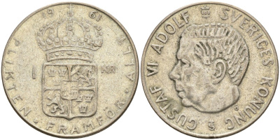 Швеция 1 крона 1961 TS, Густав VI Адольф (1950-1973) KM 826 серебро 4150-121