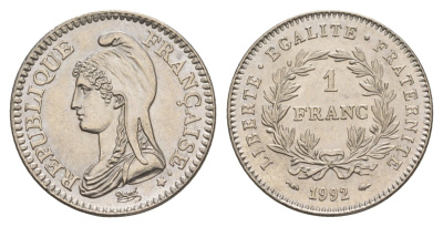 Франция 1 франк 1992 200 лет Французской Республике KM 1004 никель UNC 4660-235