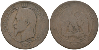 Франция 10 сантимов 1861 K, Наполеон III (1852-1870) KM 798.3, Le Franc 134.4 бронза 4590-1011