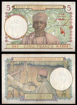 Французская Западная Африка 5 франков 1943 мужчина в традиционном наряде и станок для шелка Pick 26 бумага 451-1122-3