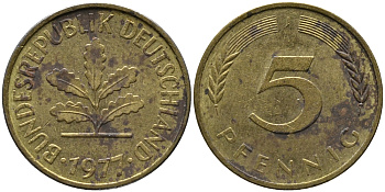 ФРГ 5 пфеннигов 1977 J KM 107, J.382 сталь плакированная латунью 99-115