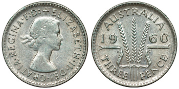 Австралия 3 пенса 1960 m, Елизавета II (1952-2022) KM 57 серебро 71-642