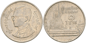 Таиланд 1 бат 2004 ВЕ 2547, Рама IX (1946-2016), королевский дворец KM 183 медно-никель 4364-3315