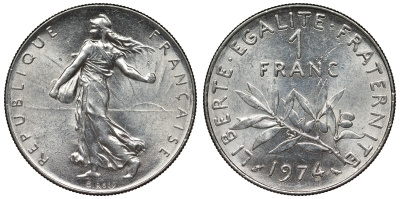 Франция 1 франк 1974 сеятель KM 925.1, Le Franc 226.19 никель 4128-427