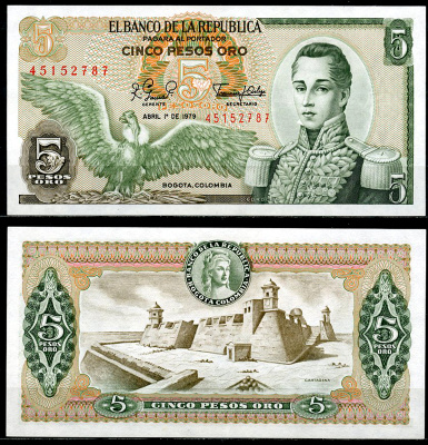 Колумбия 5 песо 1979 Хосе Мария Кордова, Картахена Pick 406 f  бумага  UNC (пресс) 447-72-2-1