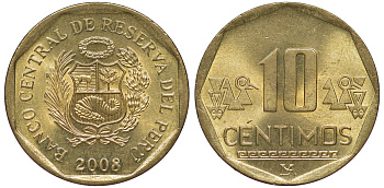 Перу 10 сентимо 2008 KM 305.4 латунь aUNC 4605-612