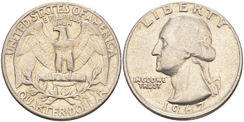 США 25 центов (квотер) 1967 Вашингтон KM 164a медь плакированная медно-никелем 4525-437