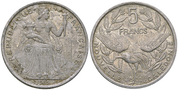 Французская Новая Каледония 5 франков 1986 птица кагу, (IEOM) KM 16, Schoen 12, Lec 76 алюминий 180-614