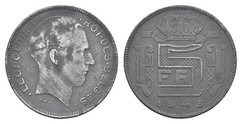 Бельгия 5 франков 1943 Belges, Леопольд III (1934-1951) KM 129 цинк 4539-111