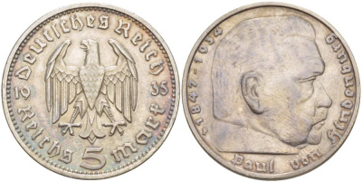 ГЕРМАНИЯ 5 РЕЙХСМАРОК 1935 F, ГИНДЕНБУРГ, БЕЗ СИМВОЛИКИ KM 86, Jager 360 серебро 00-00