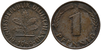 ФРГ 1 пфенниг 1969 D KM 105, J.380 сталь плакированная медью 99-269