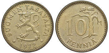ФИНЛЯНДИЯ 10 ПЕННИ 1972 S KM 46 алюминиевая бронза 3334-1128