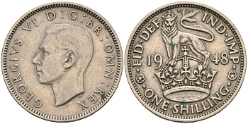 Великобритания 1 шиллинг 1948 Георг VI (1936-1952), Английский герб KM 863, Spink 4103 медно-никель 4126-446