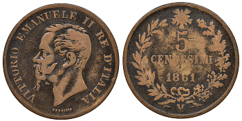 Италия 5 чентезимо 1861 M, Виктор Эмануил II KM 3.2 медь 4163-617