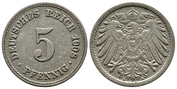 Германия 5 пфеннигов 1908 A KM 11, Jager 12, Weege 6 медно-никель 4364-3057