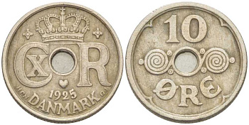 ДАНИЯ 10 ЭРЕ 1925 HCN ; GJ, КРИСТИАН X (1912-1947) KM 822.1 медно-никель 214-536