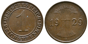 ГЕРМАНИЯ 1 РЕЙХСПФЕННИГ 1929 A KM 37, J. 313 бронза 4380-1153