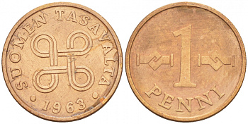 Финляндия 1 пенни 1963 первый год KM 44 медь 4547-1023