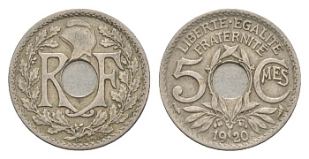 Франция 5 сантимов 1920 KM 865 медно-никель 4649-733