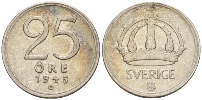 Швеция 25 эре 1945 TS, Густав V (1907-1950) KM 816 серебро 4147-965