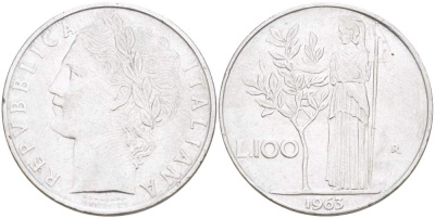 ИТАЛИЯ 100 ЛИР 1963 R, АФИНА, ДИАМЕТР 28 ММ. KM 96.1 нержавеющая сталь 4521-1046
