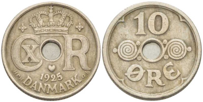 ДАНИЯ 10 ЭРЕ 1925 HCN ; GJ, КРИСТИАН X (1912-1947) KM 822.1 медно-никель 214-536