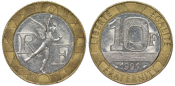 Франция 10 франков 1991 тип гений Бастилии KM 964.1, Le Frank 375.6 биметалл 45-932